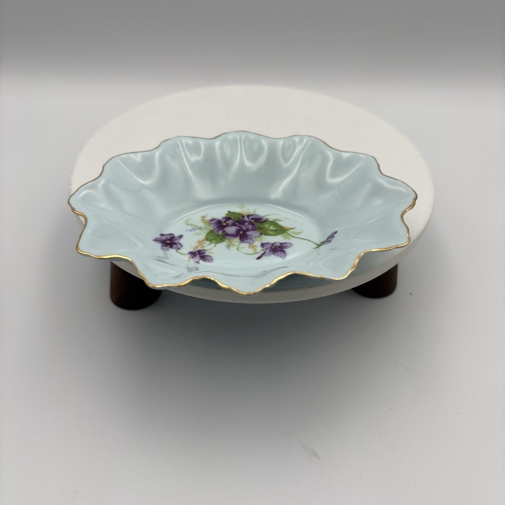 Adderly England bone china ruffled oval Trinket dish Blue with purple flowers 5"